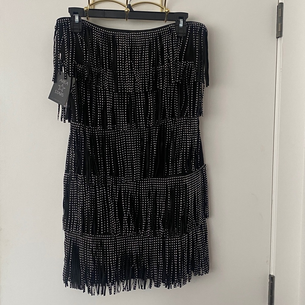 AREA STARS Black Fringe Dress with Silver Accents
